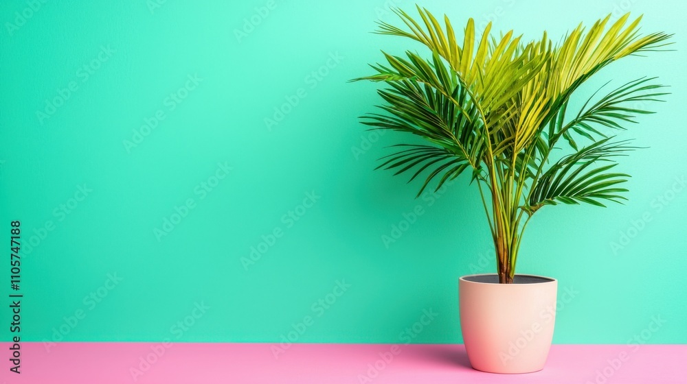 Vibrant Potted Palm Fronds in Minimalist Green Room Setting Vibrant Potted Palm Fronds in Minimalist Green Room Setting