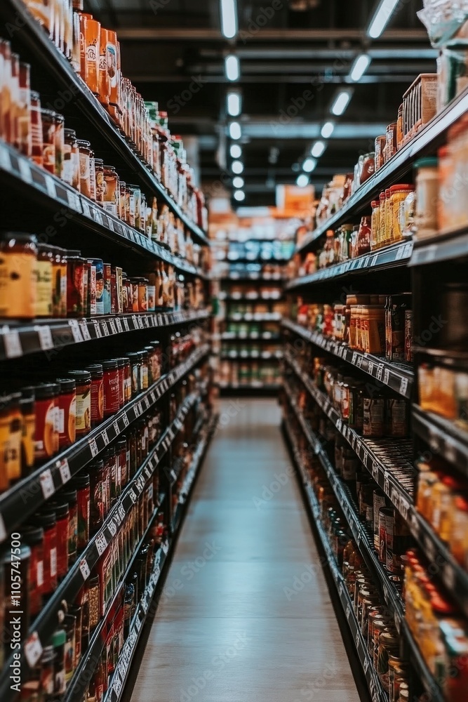 Aisle View of a Grocery Store Filled with Various Bottled Products and Condiments in a Modern Supermarket Setting with Bright Lighting Aisle View of a Grocery Store Filled with Various Bottled Products and Condiments in a Modern Supermarket Setting with Bright Lighting