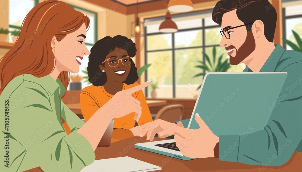 Two colleagues discussing a project while pointing at a laptop screen in a cozy café in the afternoon. The camera angle focuses on their hands and the laptop, emphasizing collaboration Two colleagues discussing a project while pointing at a laptop screen in a cozy café in the afternoon. The camera angle focuses on their hands and the laptop, emphasizing collaboration