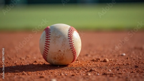 Baseball on reddish-brown dirt surface stitching visible