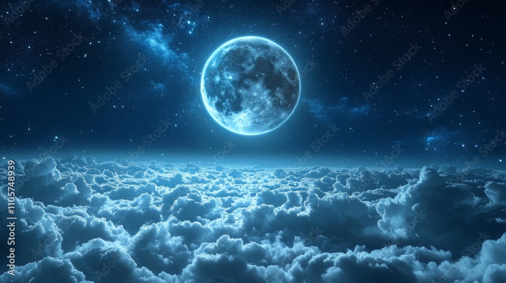 Stunning night aerial view of moonlit cumulus clouds with bright full moon and twinkling stars below.