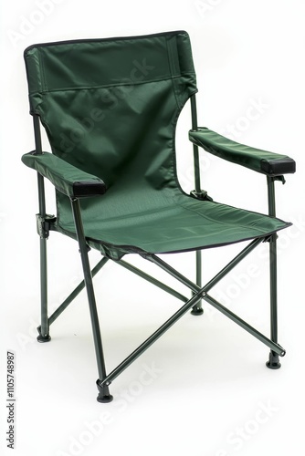 Dark green fabric folding chair with armrests.