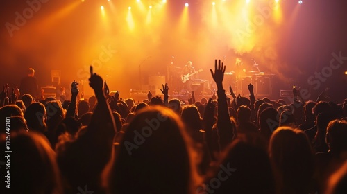 A packed concert hall with bright lights and a band playing on stage