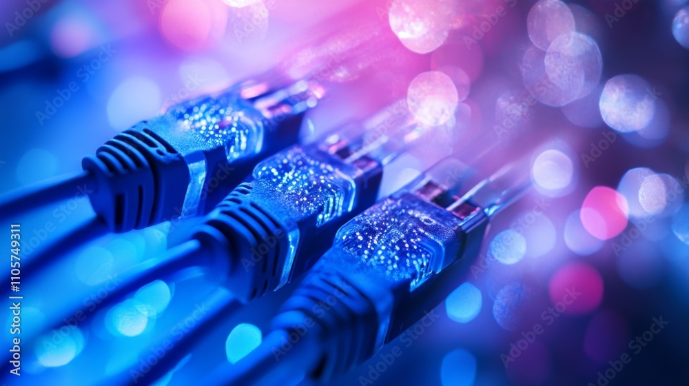Close-Up of Network Cables with Fiber Optic Background: High-Tech Connectivity Concept, Technology Infrastructure Macro Image Close-Up of Network Cables with Fiber Optic Background: High-Tech Connectivity Concept, Technology Infrastructure Macro Image