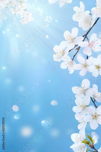 Spring background with blooming tree branches and sun rays on a blue sky