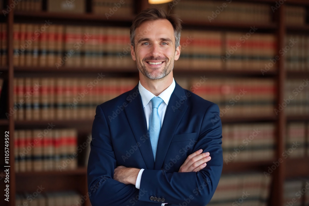 Man in business attire in front of bookshelf in office Man in business attire in front of bookshelf in office