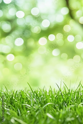 closeup of green grass with blur bokeh light background