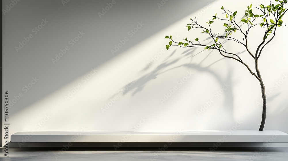 Obraz premium Minimalist modern interior design with a small tree casting a shadow on a white wall and a white bench. Sunlight streams in.