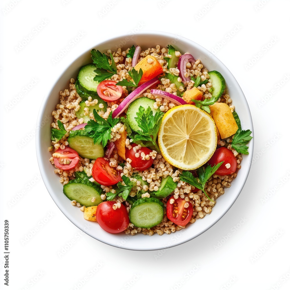 Vibrant salad bowl filled with fresh vegetables and quinoa, garnished with lemon, on white background. Vibrant salad bowl filled with fresh vegetables and quinoa, garnished with lemon, on white background.