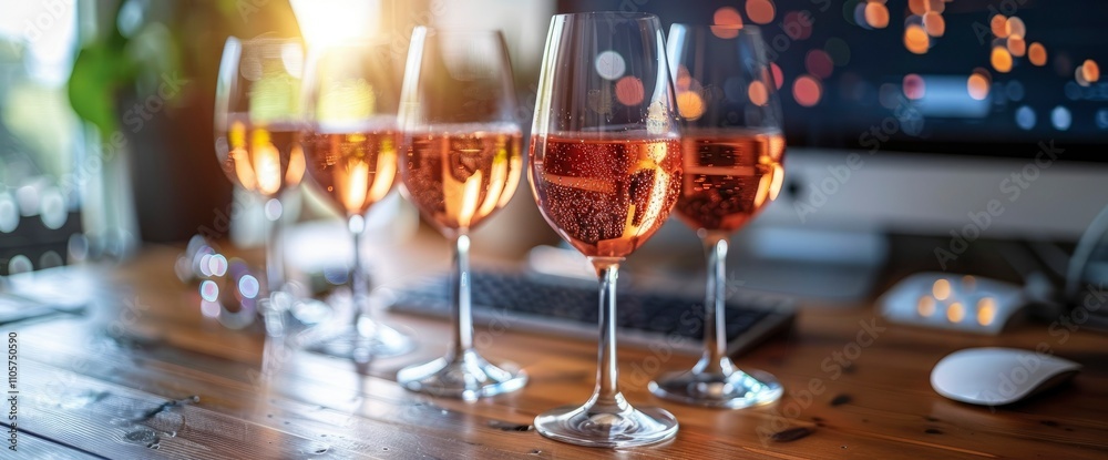 Four Glasses of Ros� Wine on a Wooden Table in a Home Office Setting Four Glasses of Ros� Wine on a Wooden Table in a Home Office Setting