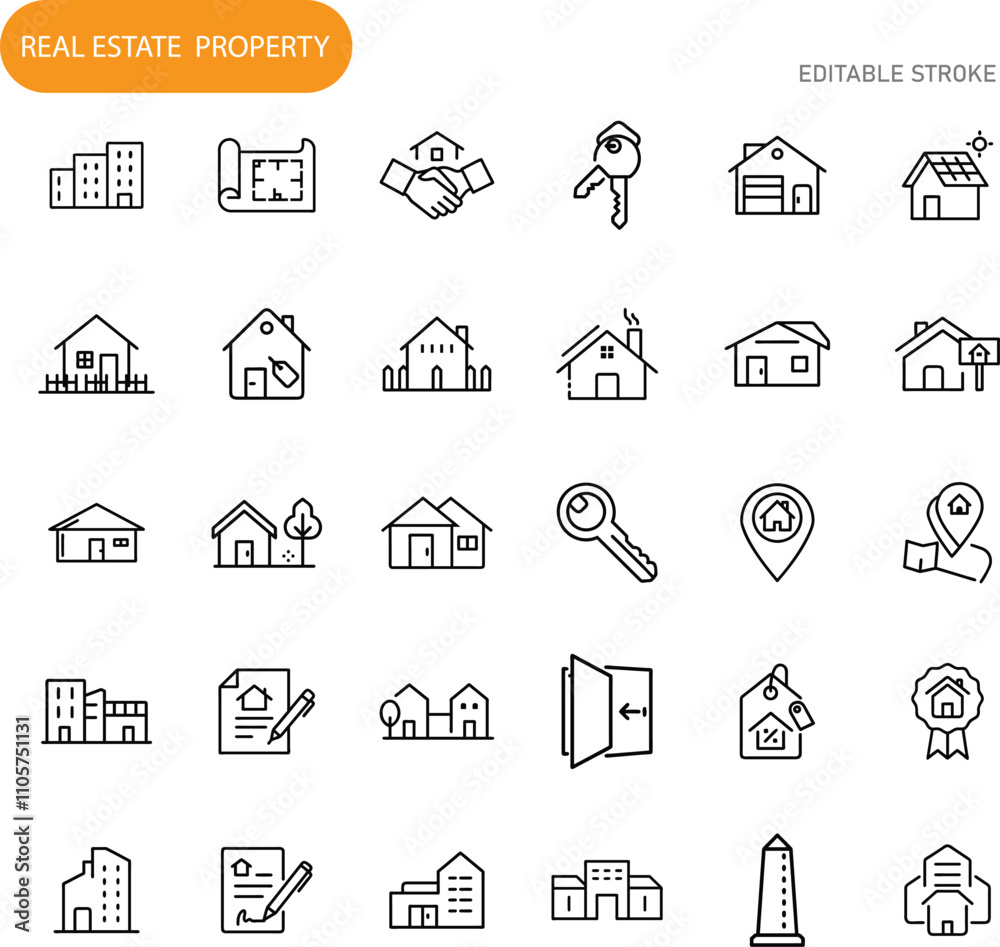Real Estate Property Icons Homes, Buildings, Keys, Contracts, Sale Real Estate Property Icons Homes, Buildings, Keys, Contracts, Sale
