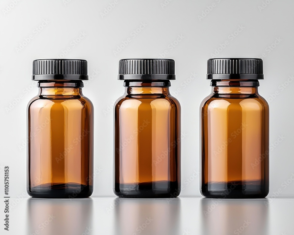 Three Amber Glass Bottles with Black Caps on Gray Background Three Amber Glass Bottles with Black Caps on Gray Background