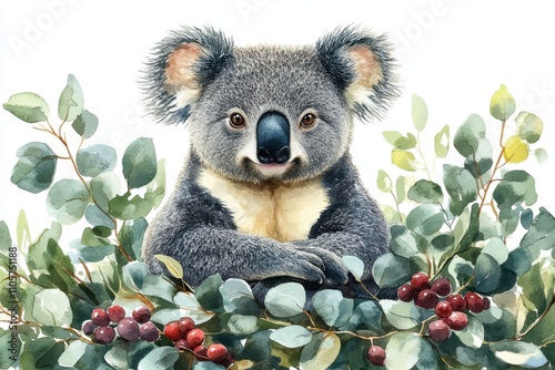 A koala resting among eucalyptus leaves and berries, showcasing wildlife and nature. photo