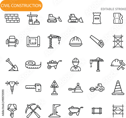 Civil Construction Icons Equipment, Tools, Materials, and Workers
