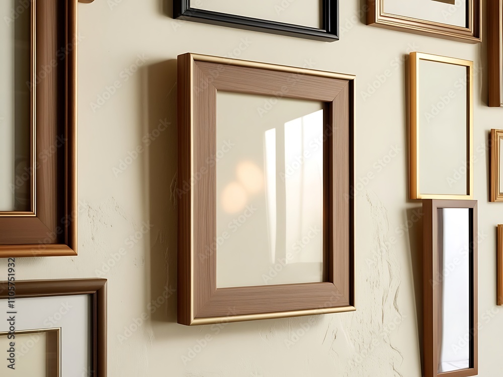 A Brown Wooden Picture Frame with a Gold Trim Hanging on a White Wall A Brown Wooden Picture Frame with a Gold Trim Hanging on a White Wall