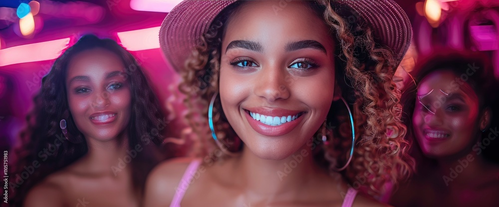 Confident Young Woman Smiling with Friends at Nightclub Confident Young Woman Smiling with Friends at Nightclub