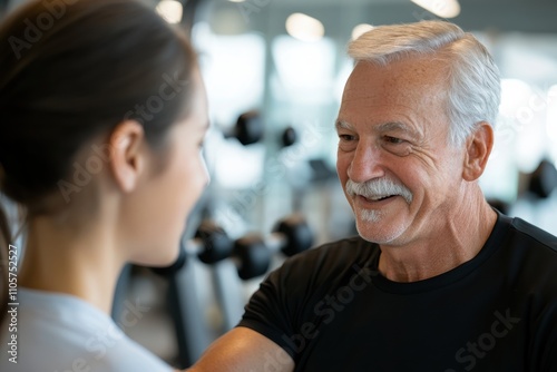 A senior man shares a smile with a young woman in a gym setting, reflecting mentorship, camaraderie, and the joy of fitness across generations in a supportive environment.