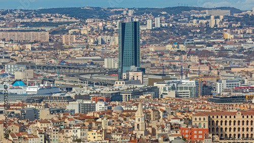 Obraz na płótnie Aerial View of Skyscraper Headquarters CMA CGM Tower in Marseille France Sunny Winter Day Cityscape w salonie