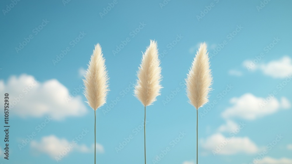 Soft Pampas Grass Against Clear Blue Sky with Fluffy Clouds
