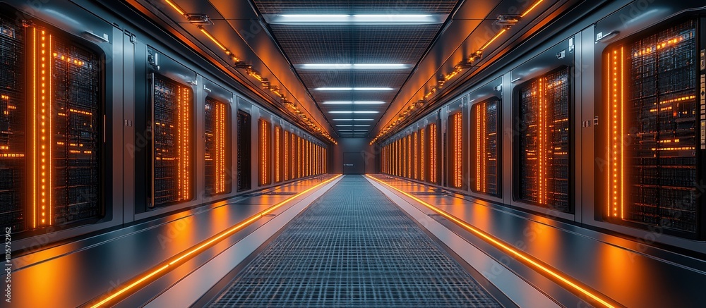 Obraz premium A futuristic server room with glowing orange lights and rows of data storage units.