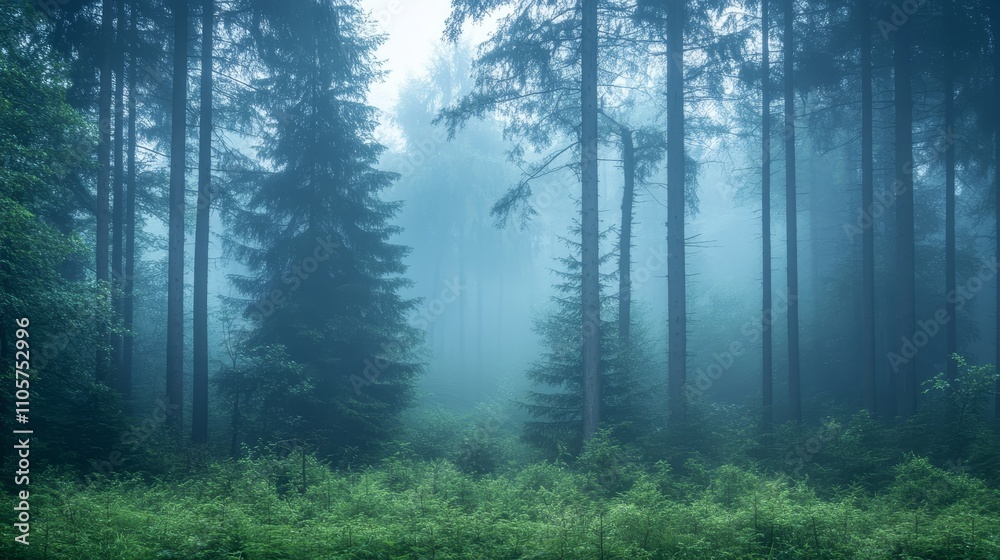 A misty forest landscape with tall trees and dense fog, creating a serene and tranquil atmosphere. A misty forest landscape with tall trees and dense fog, creating a serene and tranquil atmosphere.