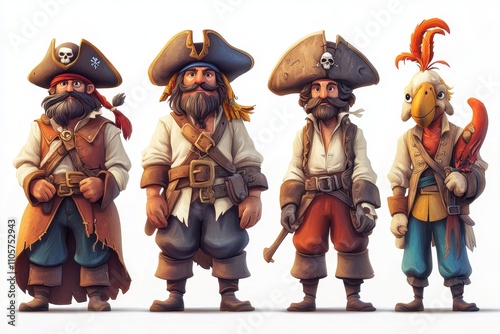 A set of various random cartoon pirate characters in full detail, isolated on a transparent background The collection includes a variety of swashbuckling pirates, talking parrots, and pirate  photo