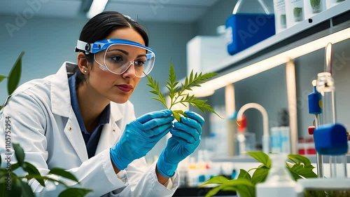 Scientist Analyzing Plant Leaf in Modern Laboratory

 photo