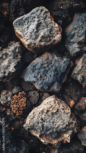 A close-up of some rocks on the ground. Some rocks are made from lava rock, and there are also many other small stones