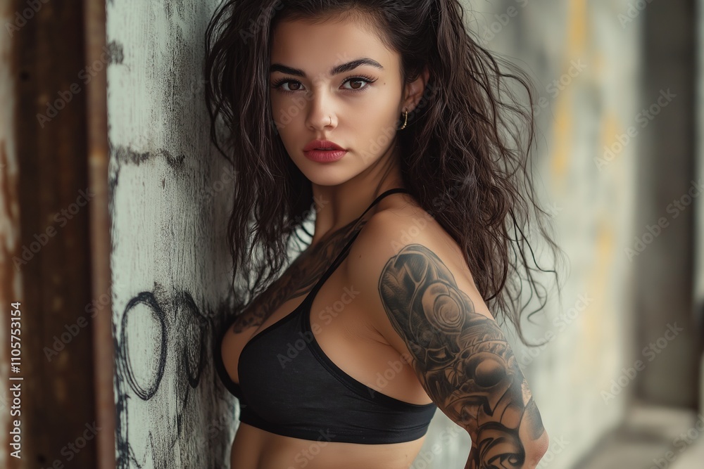 Fototapeta premium A captivating close-up of a tattooed woman leaning against a textured wall, highlighting urban style and beauty.