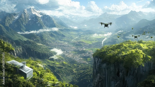 Aerial view, eco-drones planting saplings, lush green mountainside, semi-realistic style, emphasis on environmental tech, vibrant landscape, digital illustration photo