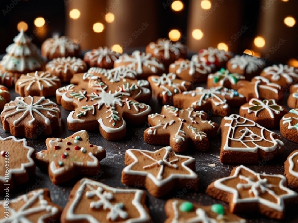 A Christmas background, with lots of gingerbread cookies, of all kinds, with a lot of Christmas ambiance. AI generated.