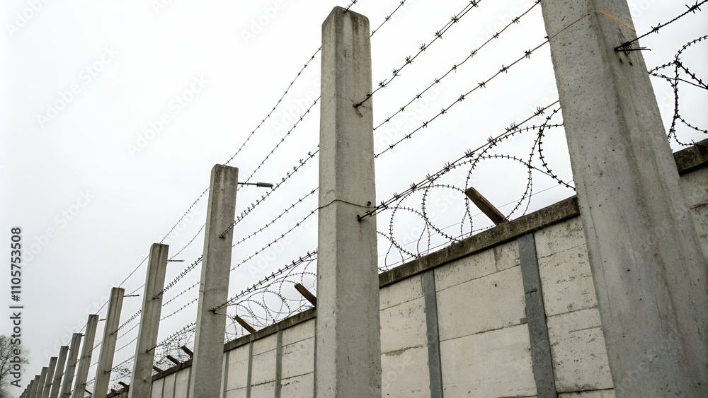 Barbed wire with concrete pillars on white background.Barbed Wire and Concrete Pillars Symbolizing Security and Division on a White Background Barbed wire with concrete pillars on white background.Barbed Wire and Concrete Pillars Symbolizing Security and Division on a White Background