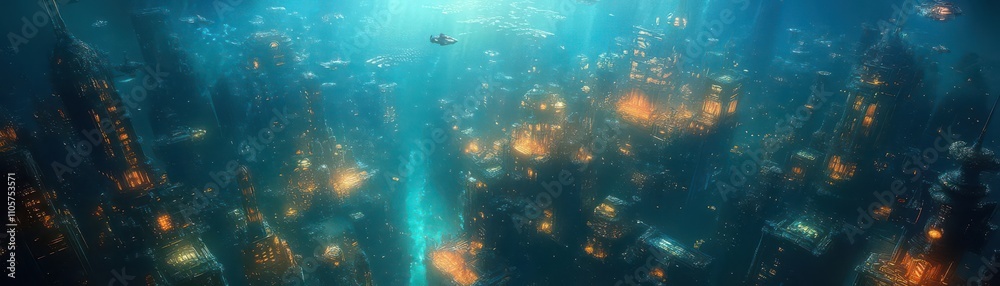 Fototapeta premium Bioluminescent city beneath the ocean