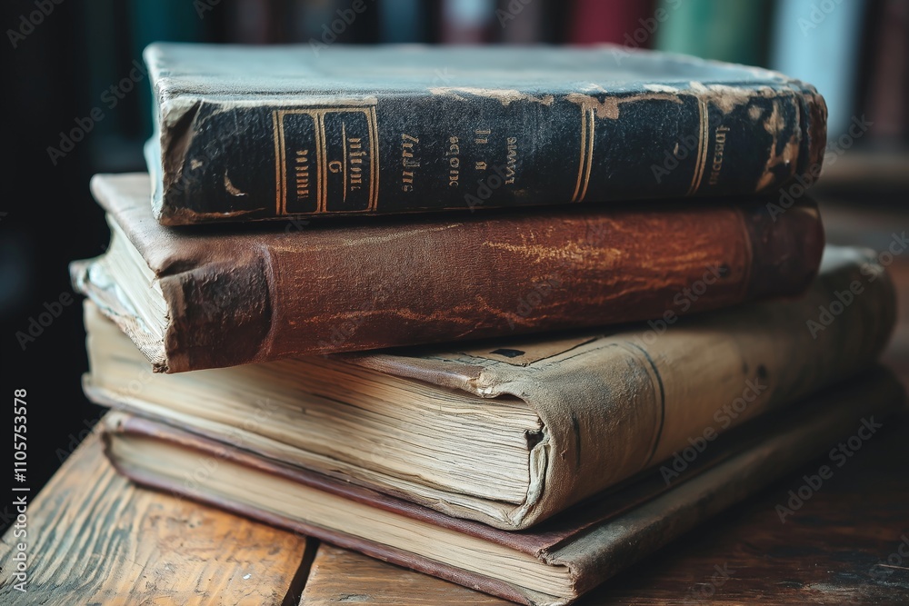 A stack of old, weathered books rests on a wooden table, evoking a sense of nostalgia. A stack of old, weathered books rests on a wooden table, evoking a sense of nostalgia.