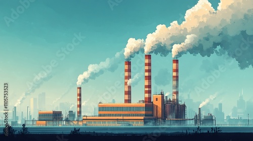 Industrial factory complex with smoke stacks emitting pollution in a pixel art style.