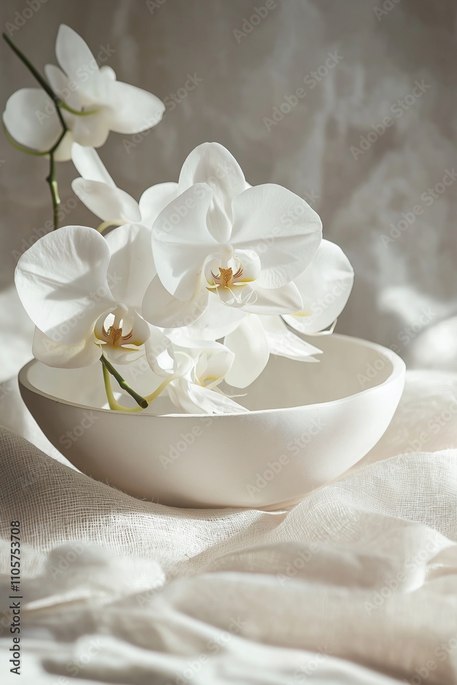 A serene display of white orchids nestled in a minimalist bowl.