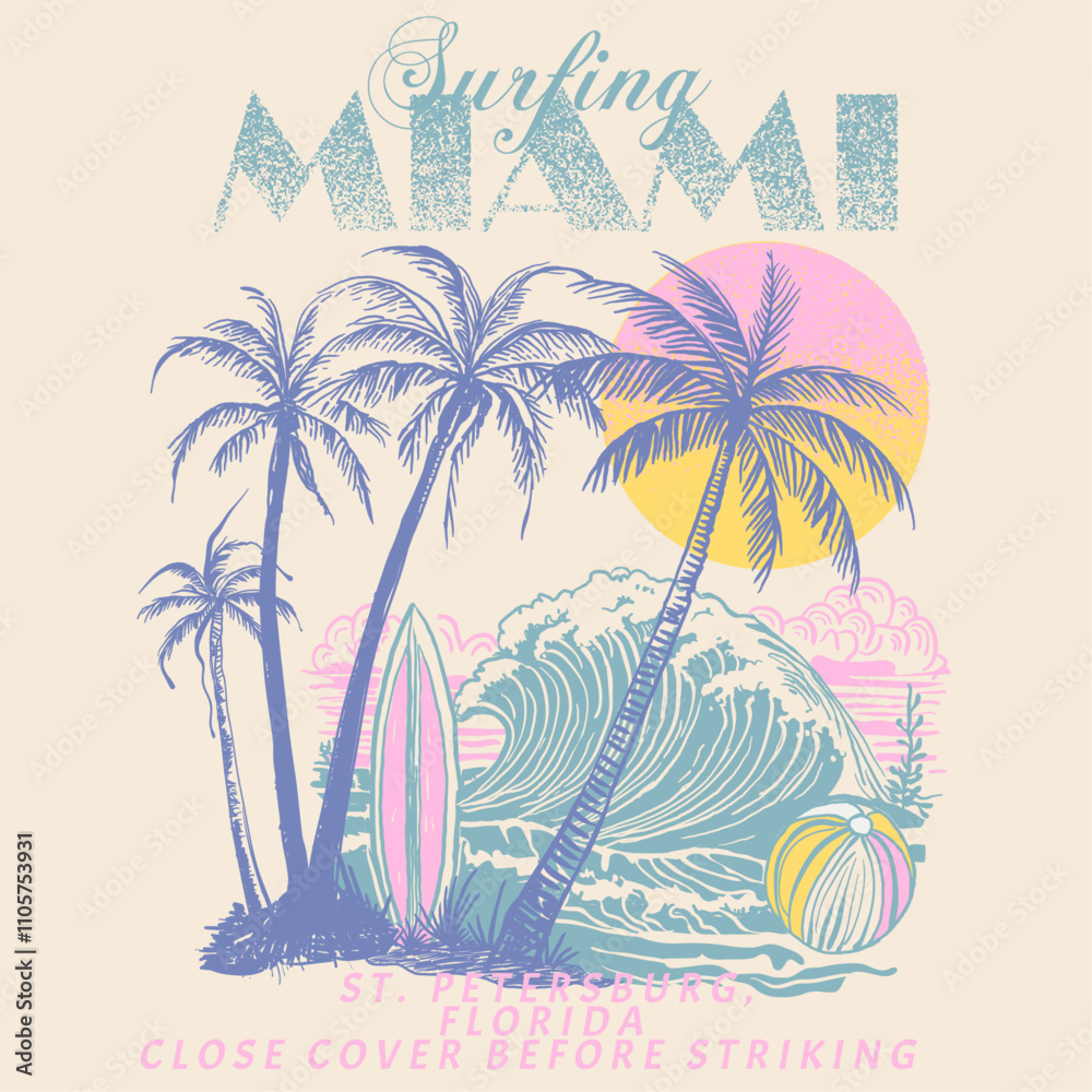 Surfing Miami. palm tree. big waves. sunset vibes. St. Petersburg, Florida. beach graphic. girls vector graphics. hand drawn artwork. holiday recreation. nature graphic. summer t shirt design.