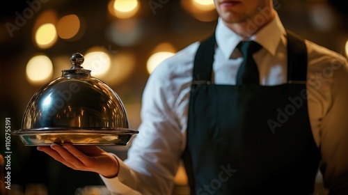 Waiter with a cloche in hand. photo