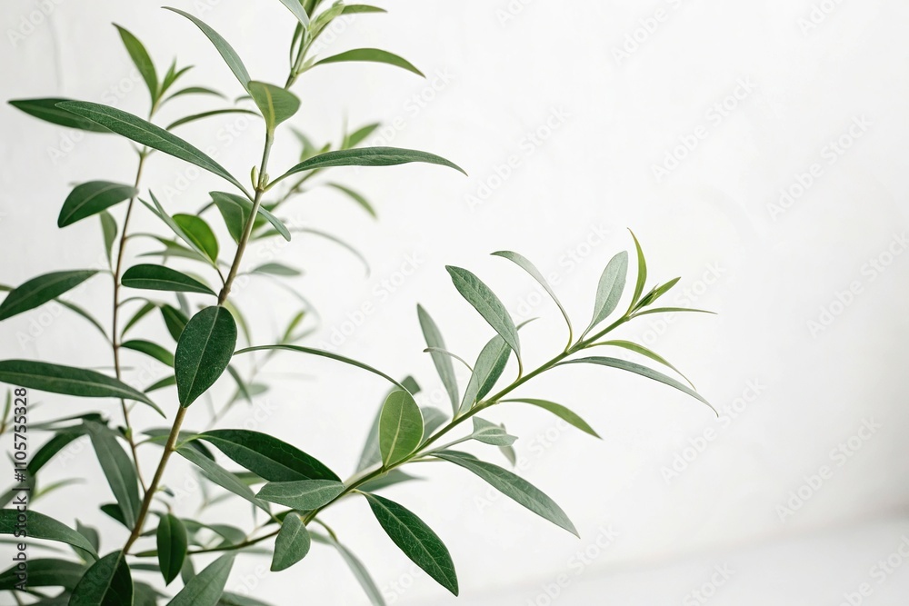 a serene green plant with delicate leaves in a minimalist white background, suggesting a sense of balance and harmony, whitewashed walls, clean lines a serene green plant with delicate leaves in a minimalist white background, suggesting a sense of balance and harmony, whitewashed walls, clean lines