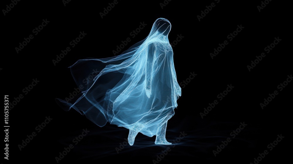 Ethereal Spirit Gliding Through Darkness, Capturing the Essence of Translucent Motion and Mystical Presence in a Dreamlike Environment Ethereal Spirit Gliding Through Darkness, Capturing the Essence of Translucent Motion and Mystical Presence in a Dreamlike Environment