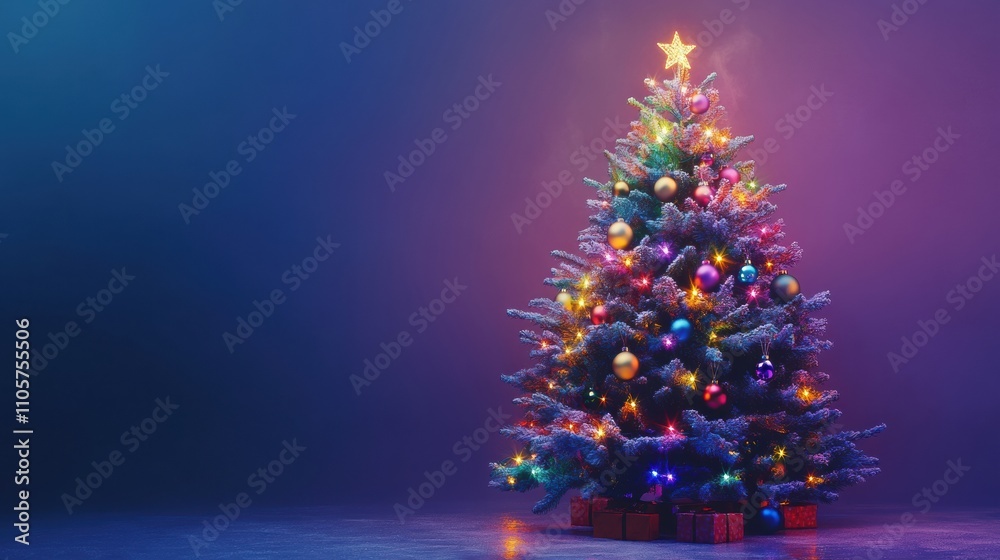 A beautifully decorated Christmas tree with twinkling lights and colorful ornaments A beautifully decorated Christmas tree with twinkling lights and colorful ornaments