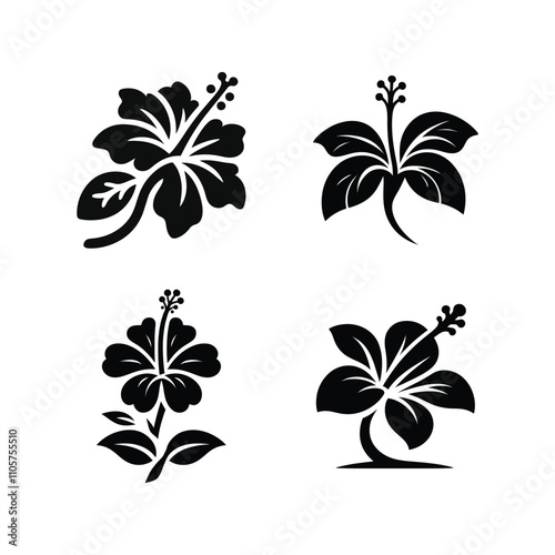 A set of black and white logo, hibiscus flowers