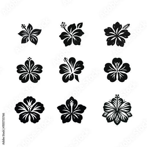 A set of black and white logo, hibiscus flowers