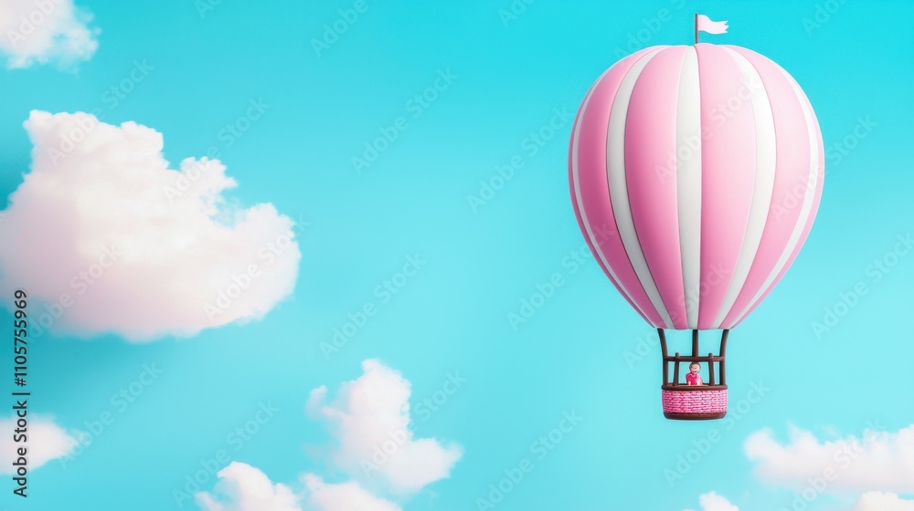 Fototapeta premium Whimsical Pink Hot Air Balloon Floating in Serene Cloudy Sky