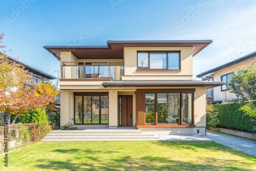 A two-story, simple modern house with white walls and brown accents. In front of the building is a green grass lawn