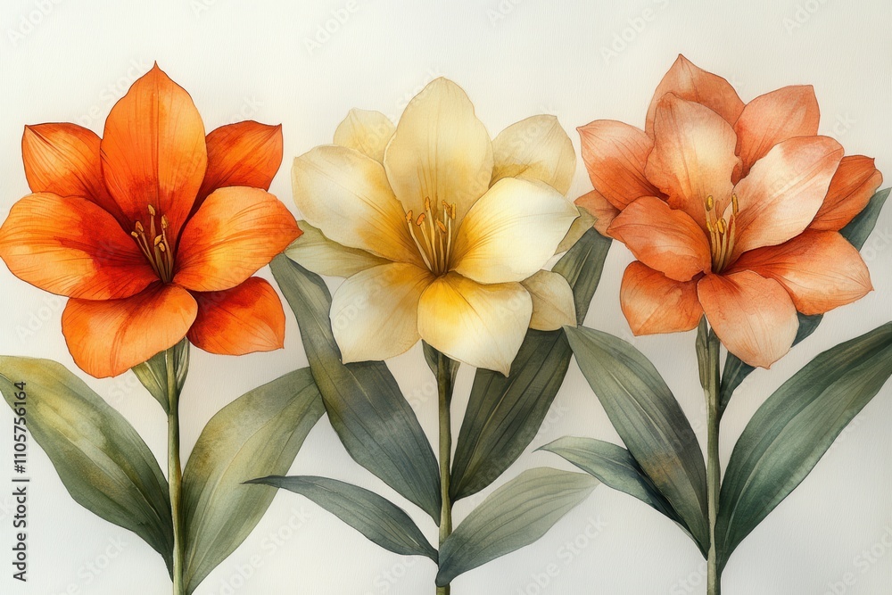 Fototapeta premium A vibrant illustration of three colorful flowers with green leaves on a light background.