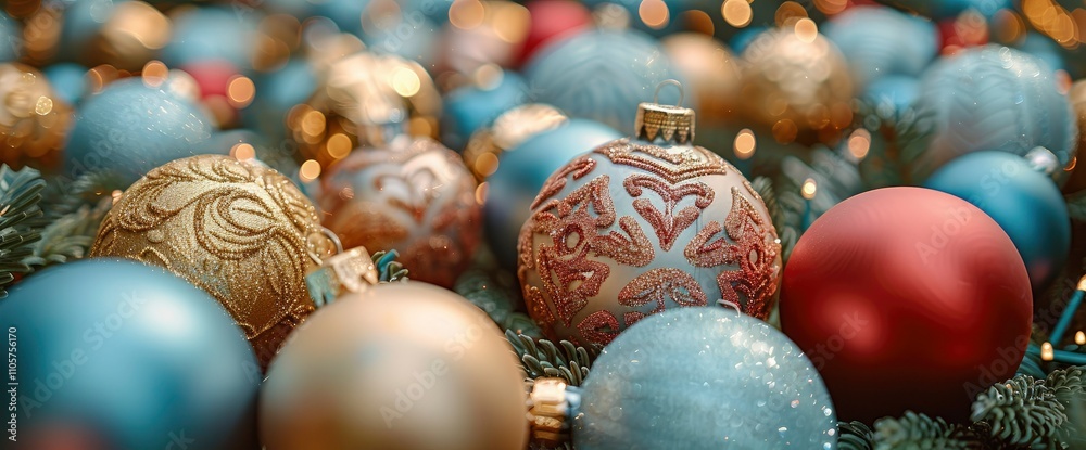 Festive Christmas Ornaments in Soft Blue, Gold, and Red Festive Christmas Ornaments in Soft Blue, Gold, and Red