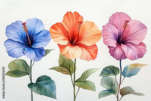 Wallpaper Mural A vibrant illustration of three hibiscus flowers in varying colors with green leaves. Torontodigital.ca