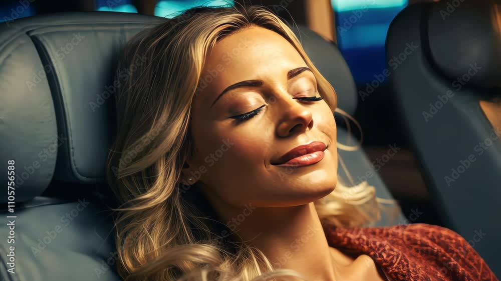 Businesswoman relaxing in first class airplane seat Businesswoman relaxing in first class airplane seat