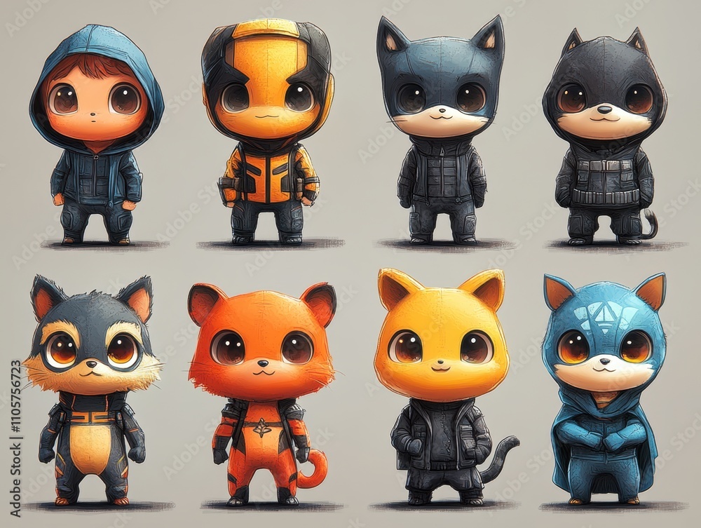 A set of various random chibi-style cartoon characters in full detail, isolated on a transparent background The collection includes a variety of big-headed superheroes, tiny animals, and exaggerated A set of various random chibi-style cartoon characters in full detail, isolated on a transparent background The collection includes a variety of big-headed superheroes, tiny animals, and exaggerated